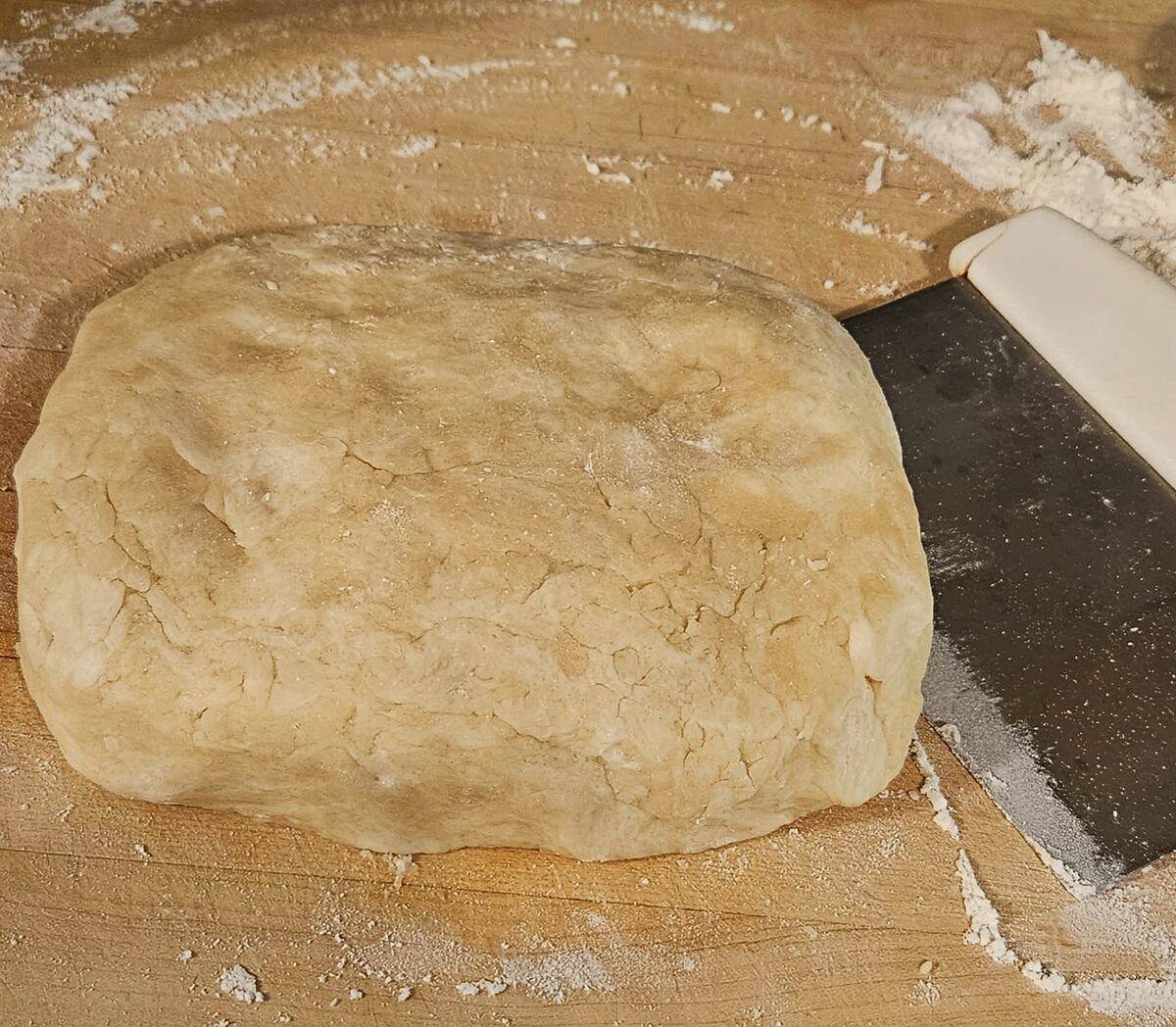 finished pie dough in one big chunk waiting to be refrigerated