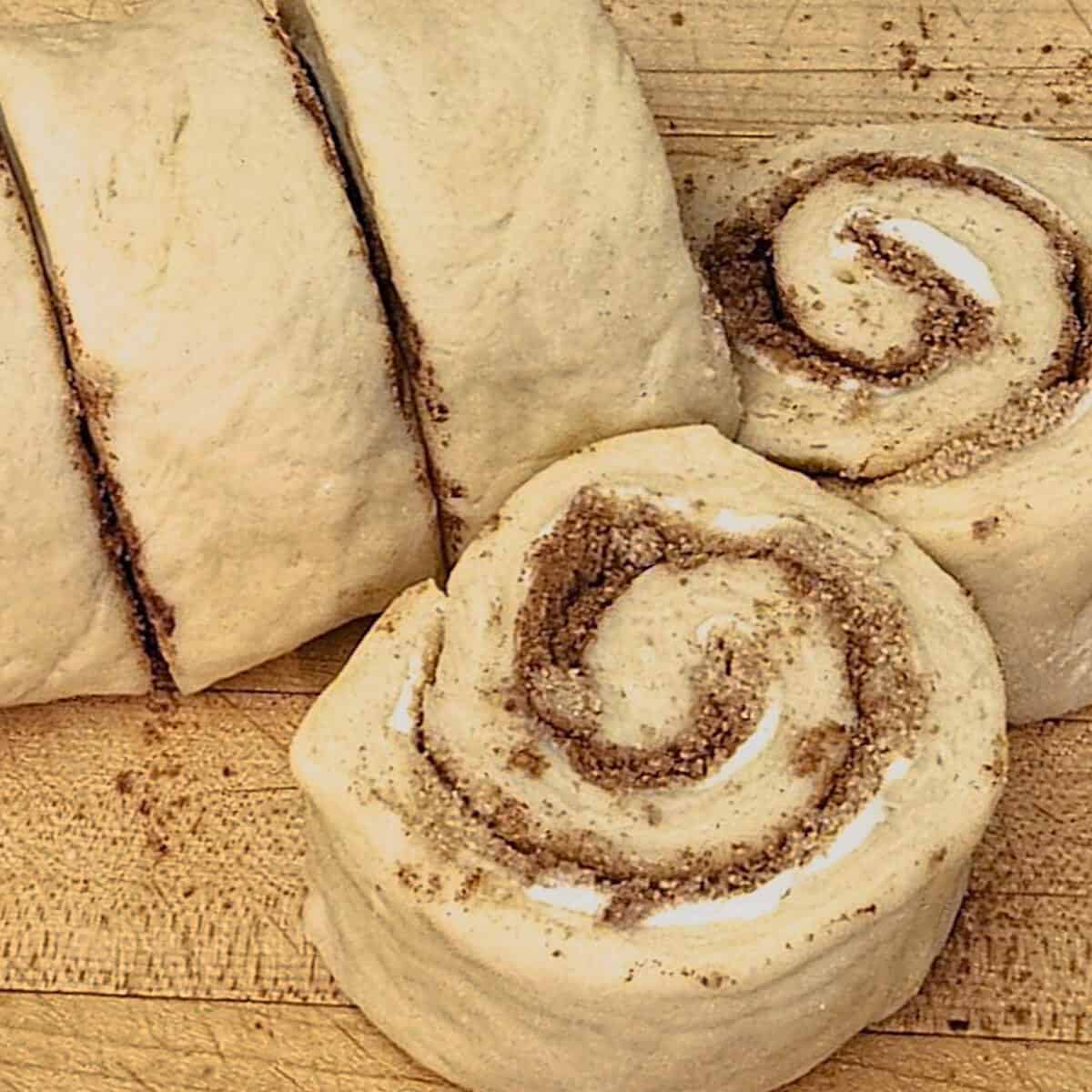 uncooked cinnamon roll dough shown in a log that has been sliced into pinwheel pieces.