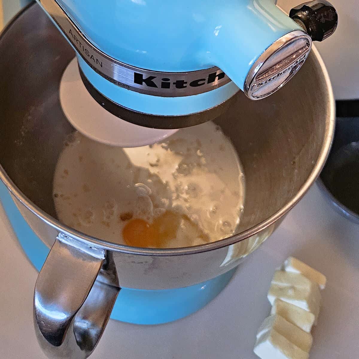liquid ingredients shown in stand mixer bowl