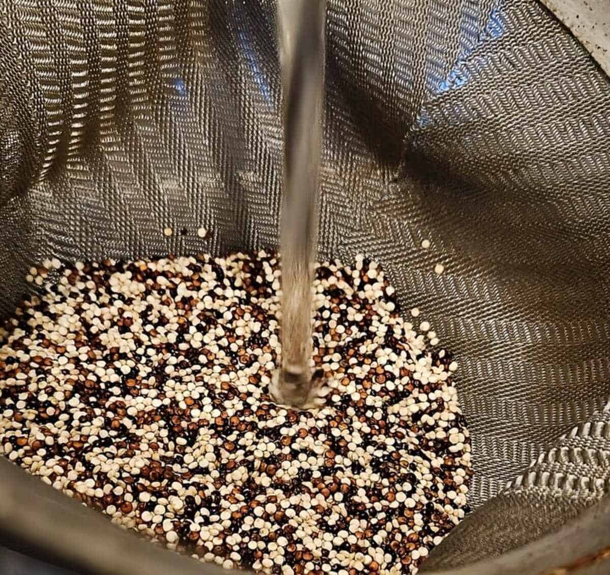 rinsing the raw quinoa with cold water in a fine mesh strainer.
