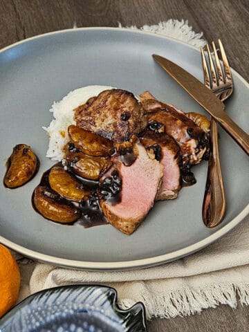 over view image of the finished cast iron seared pork tenderloin with tangerine ginger sauce on a plate with rice
