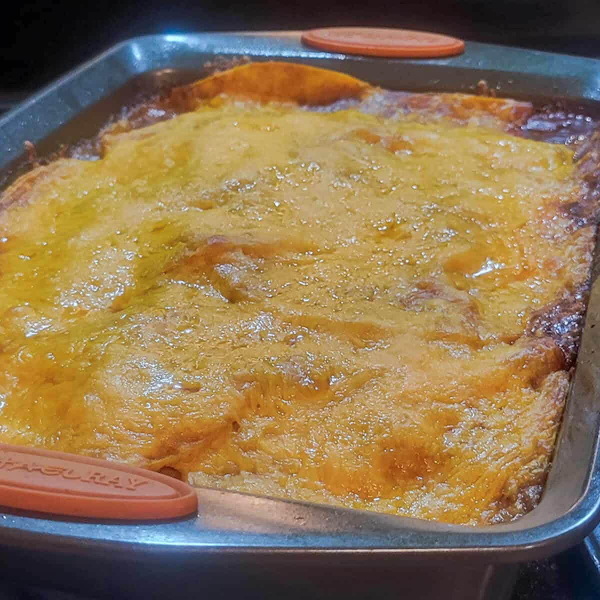the chicken enchilada casserole fresh from the oven