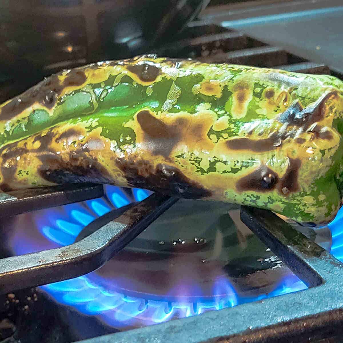 roasting green chiles over a stove burner for the chicken enchilada casserole