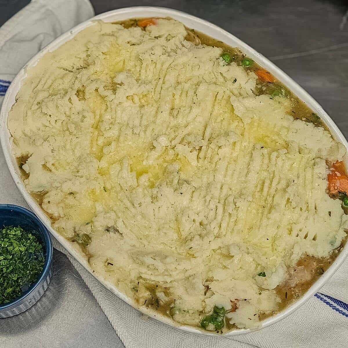 the chicken cottage pie ready to place in the oven