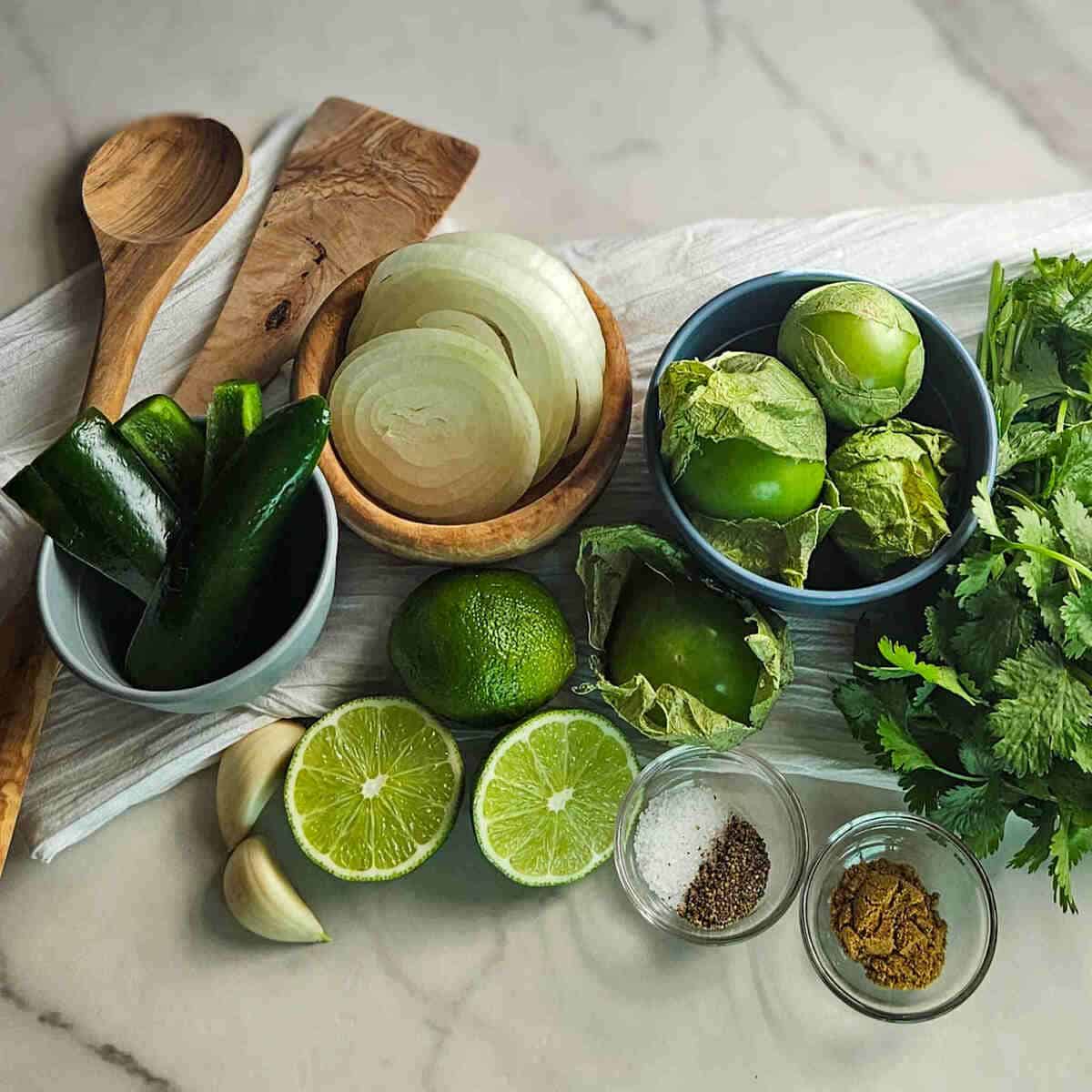 The prepared ingredients for homemade salsa verde.