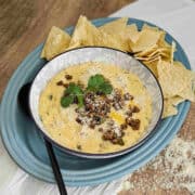 Queso Blanco dip with chorizo in a bowl garnished with cilantro leaves and cooked chorizo. Served with corn tortilla chips and a spoon.