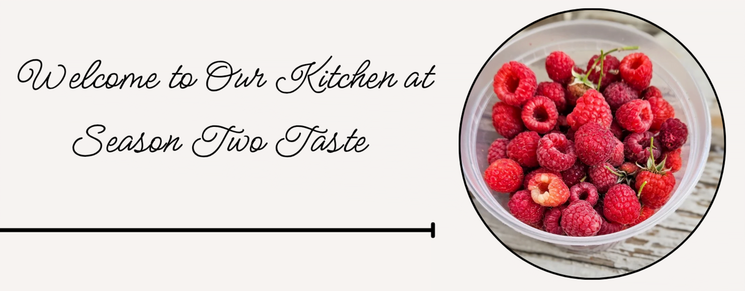 A bowl of raspberries with the words welcome to our kitchen at season five.