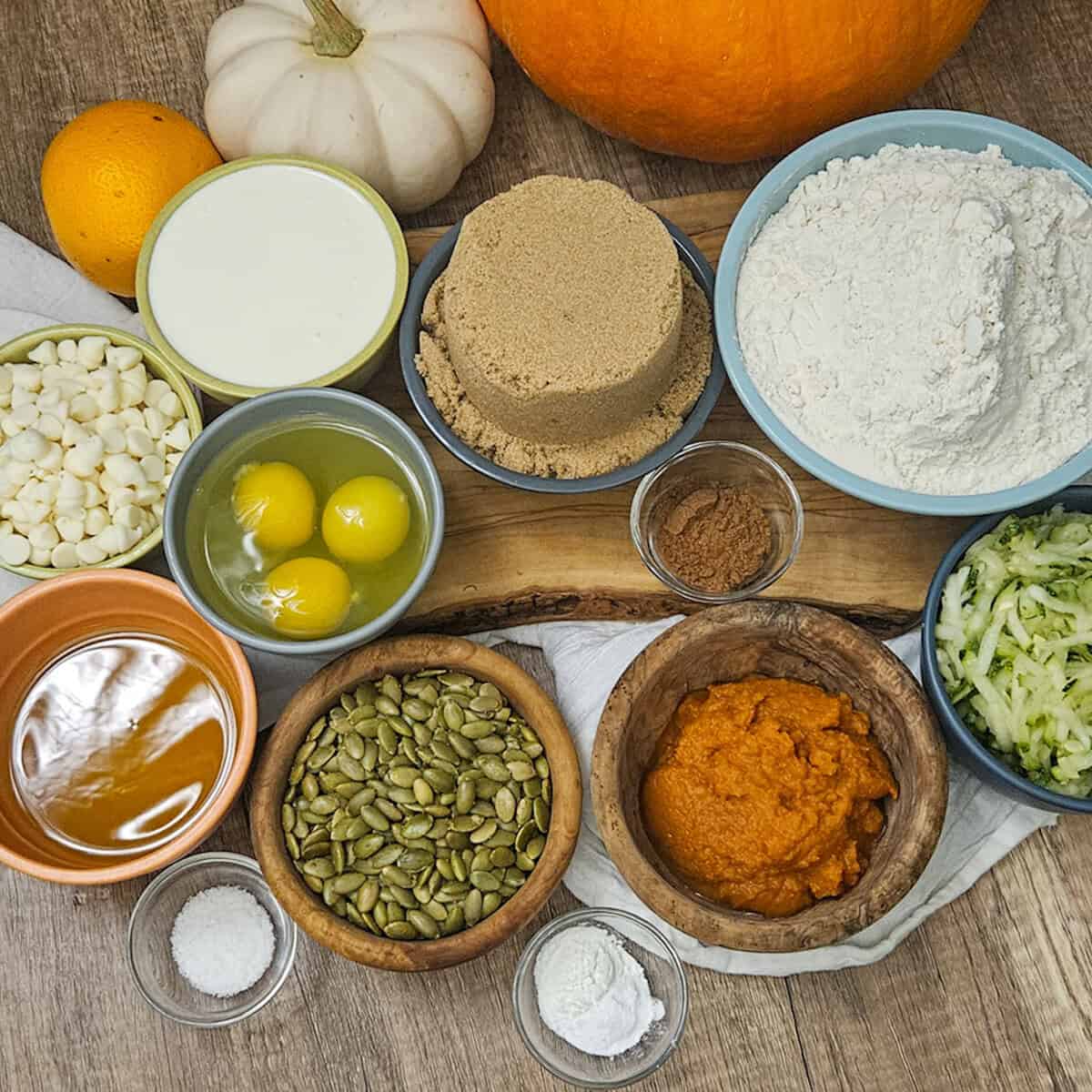 Ingredients for pumpkin spice zucchini bread measured out.