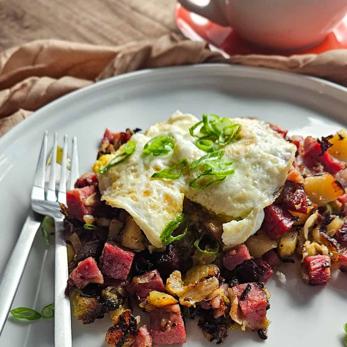A closeup of corned beef and cabbage hash on a plate with a fried egg and a fork.