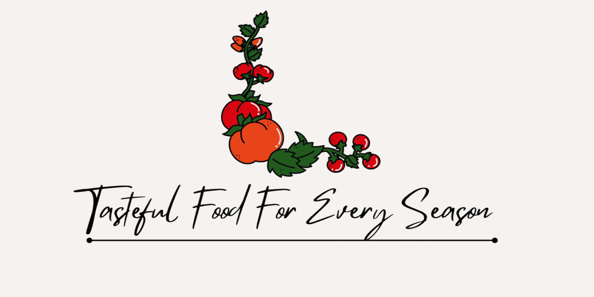 A graphic of a tomato vine and text that says tasteful food for every season.